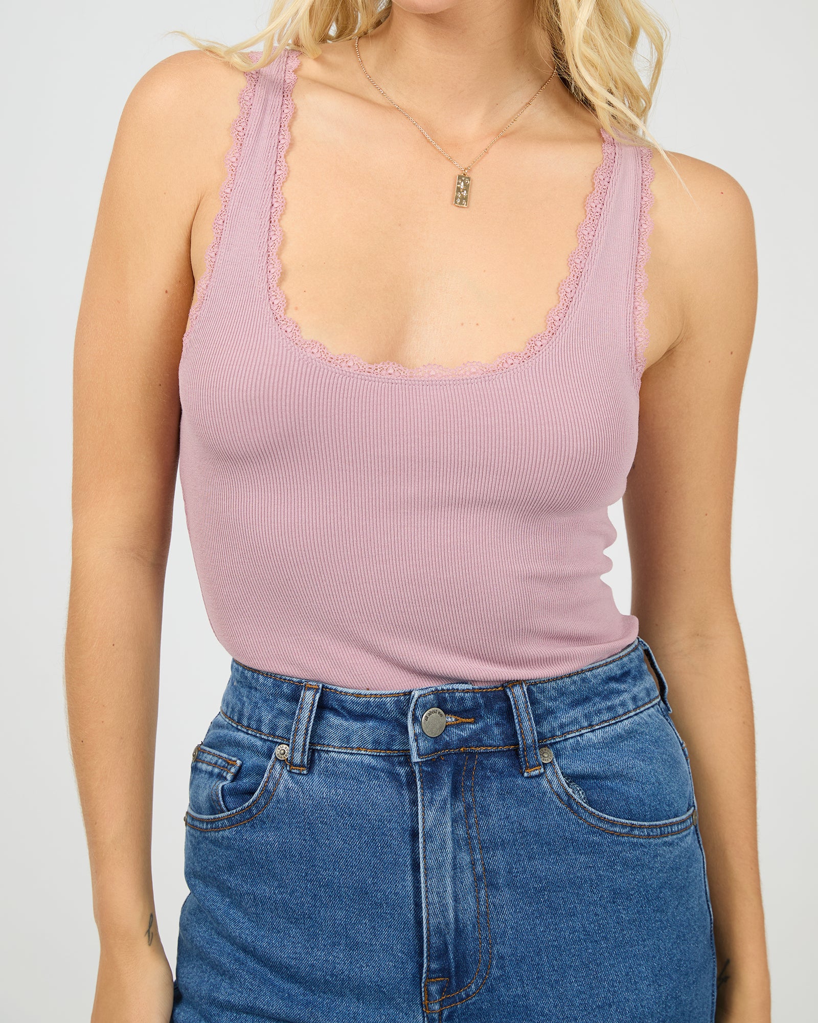 All About Eve Wash Rib Lace Tank - Quartz