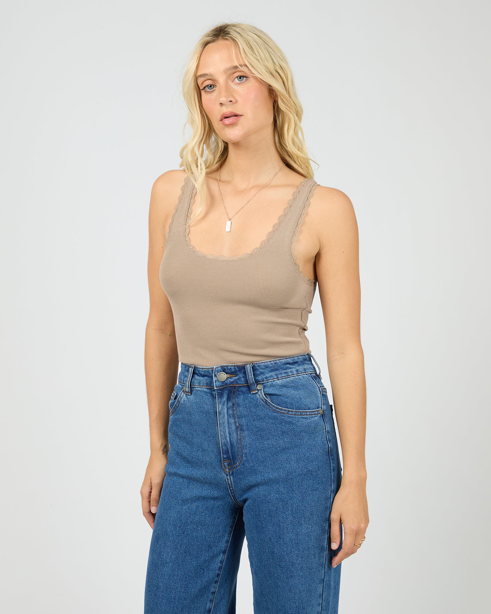 All About Eve Wash Rib Lace Tank - Stone