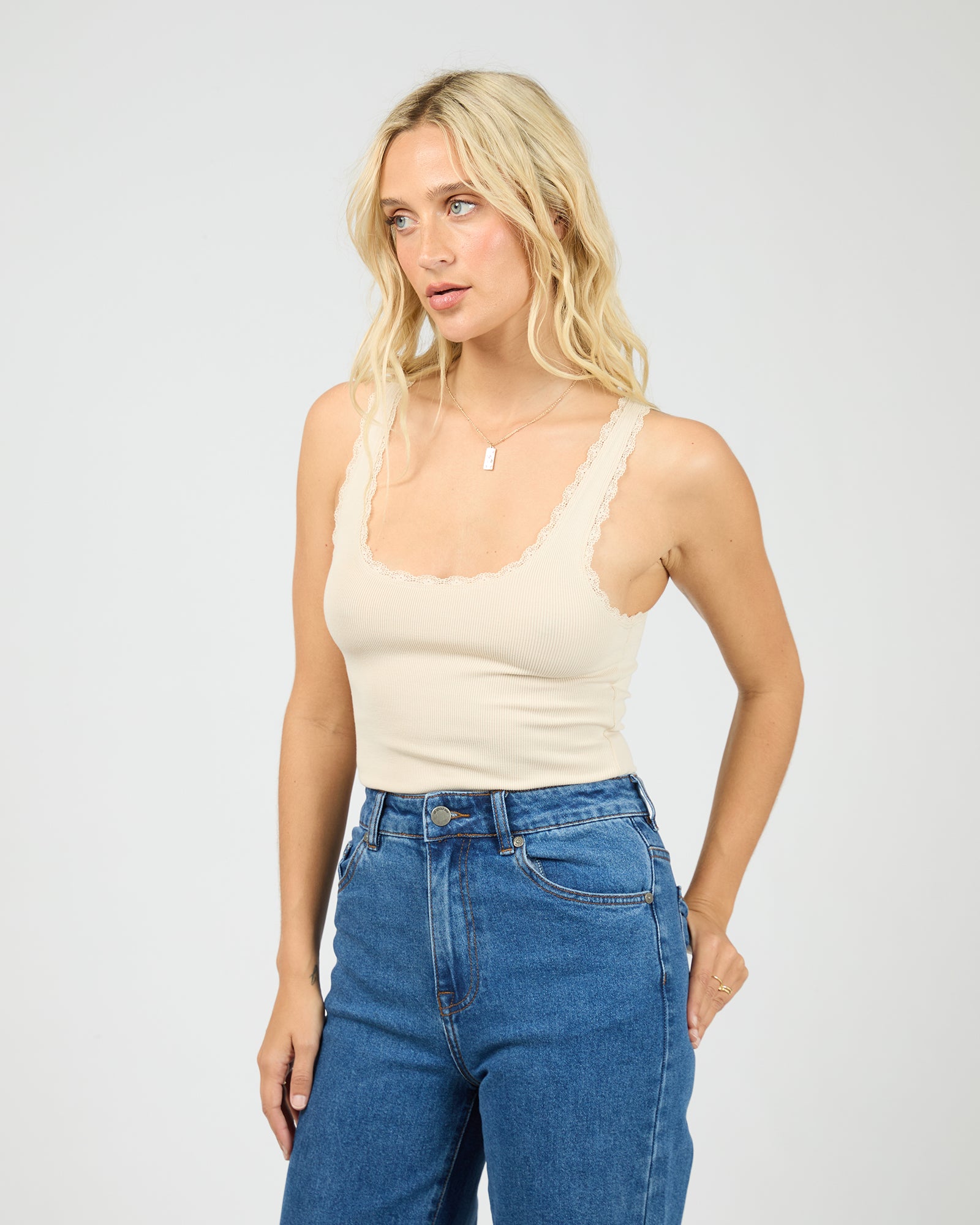 All About Eve Wash Rib Lace Tank - Vanilla