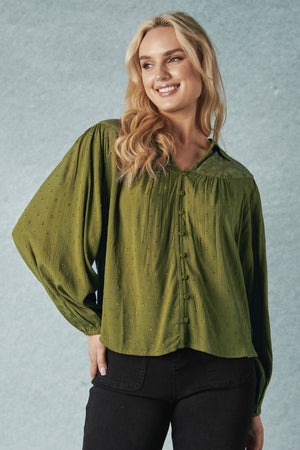 Ellis and Dewey Lace Bodice Blouse - Olive