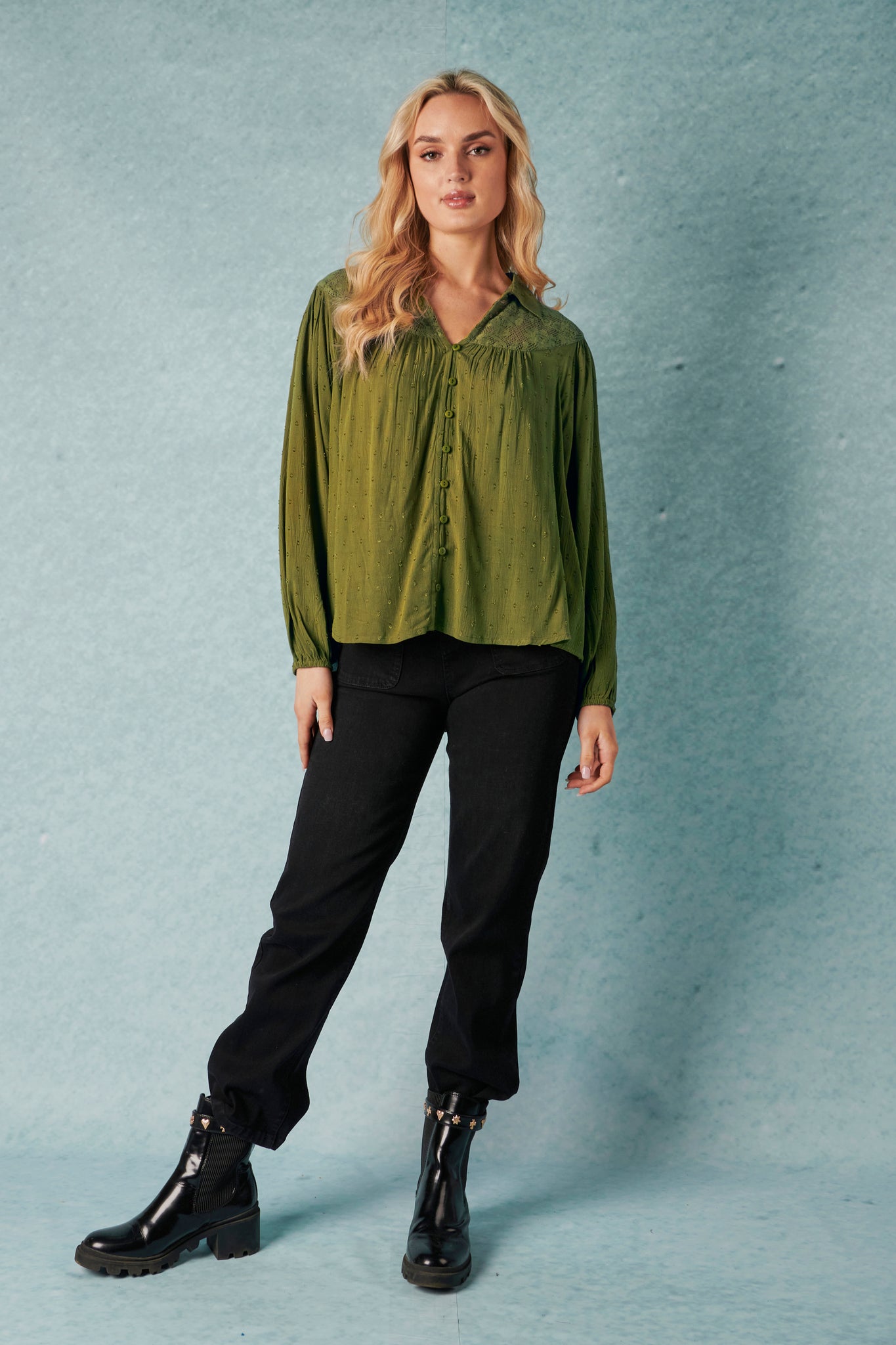 Ellis and Dewey Lace Bodice Blouse - Olive