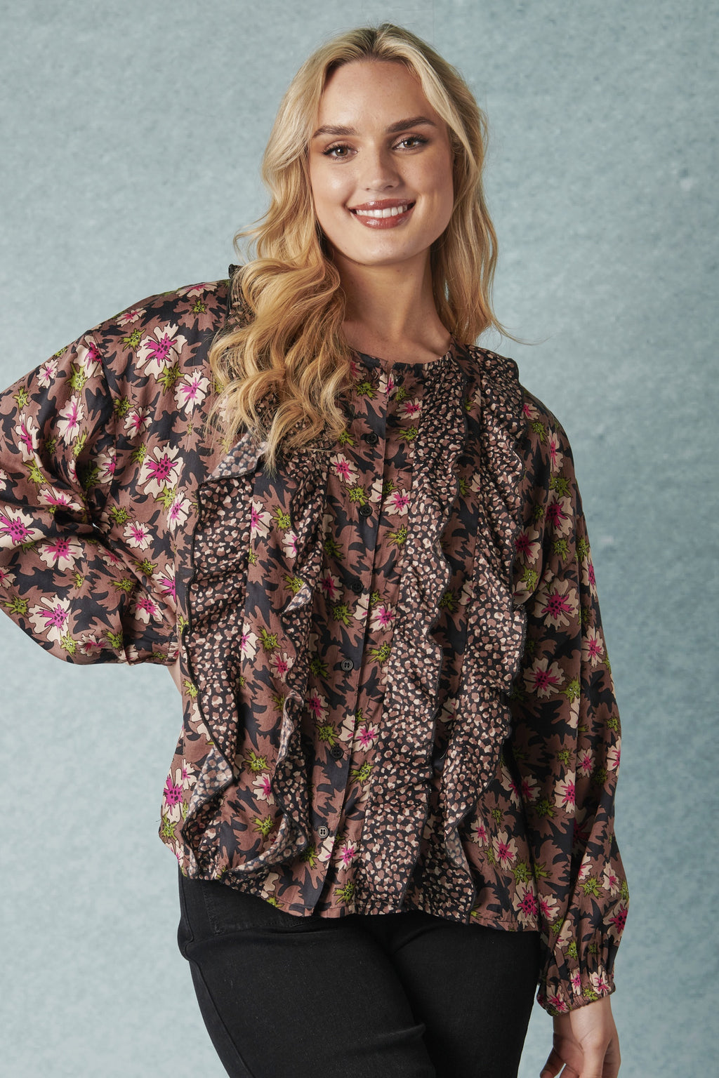 Ellis and Dewey Frill Detail Blouse - Mixed Print