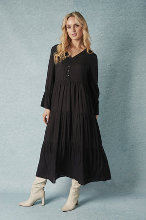 Ellis and Dewey Long Sleeve Tiered Maxi Dress - Black