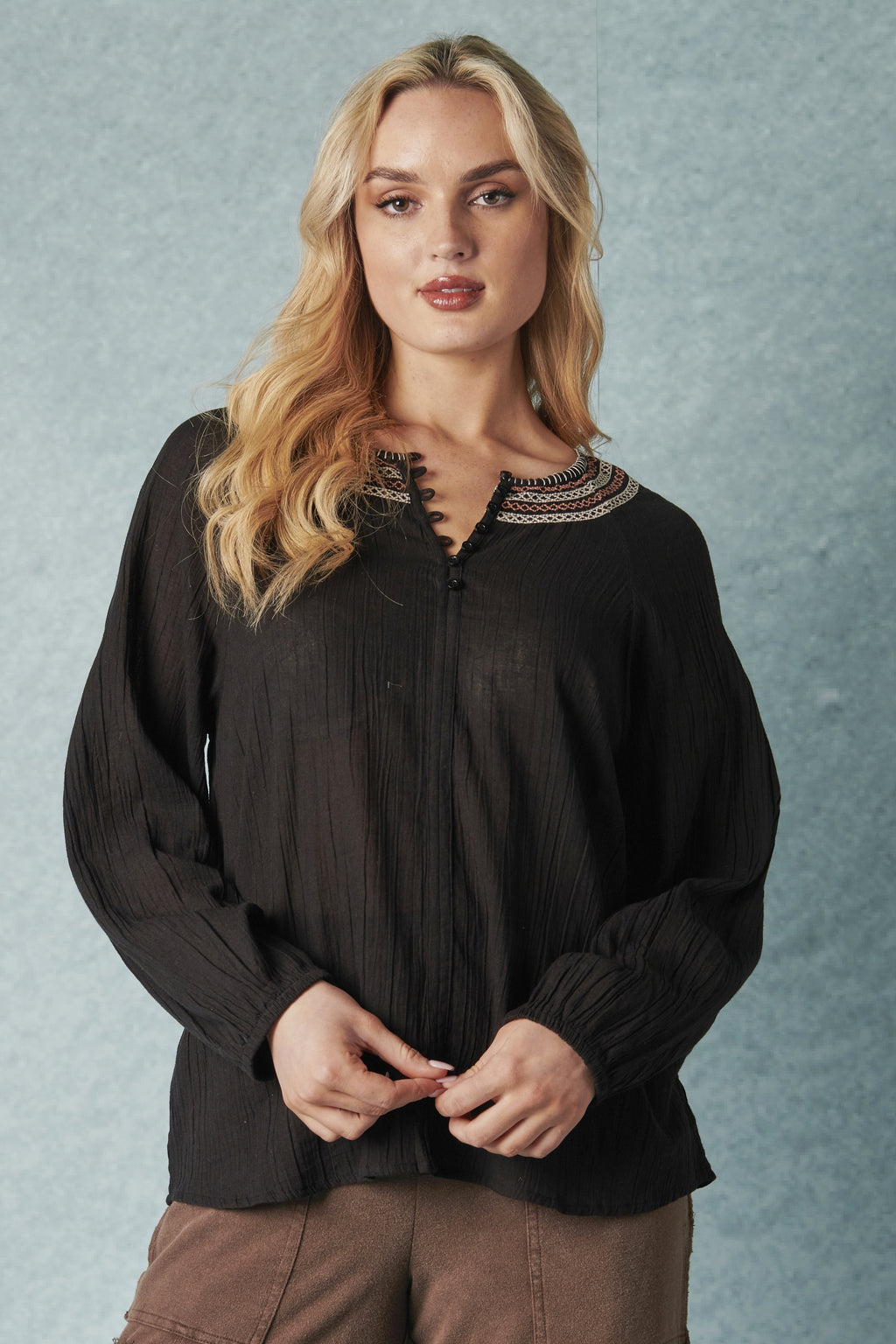 Ellis and Dewey Embroidered Neck Blouse - Black