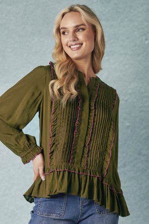 Ellis and Dewey Long Sleeve Pleat Front Blouse - Olive