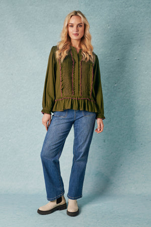 Ellis and Dewey Long Sleeve Pleat Front Blouse - Olive