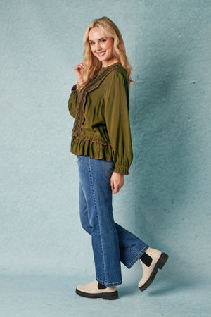 Ellis and Dewey Long Sleeve Pleat Front Blouse - Olive