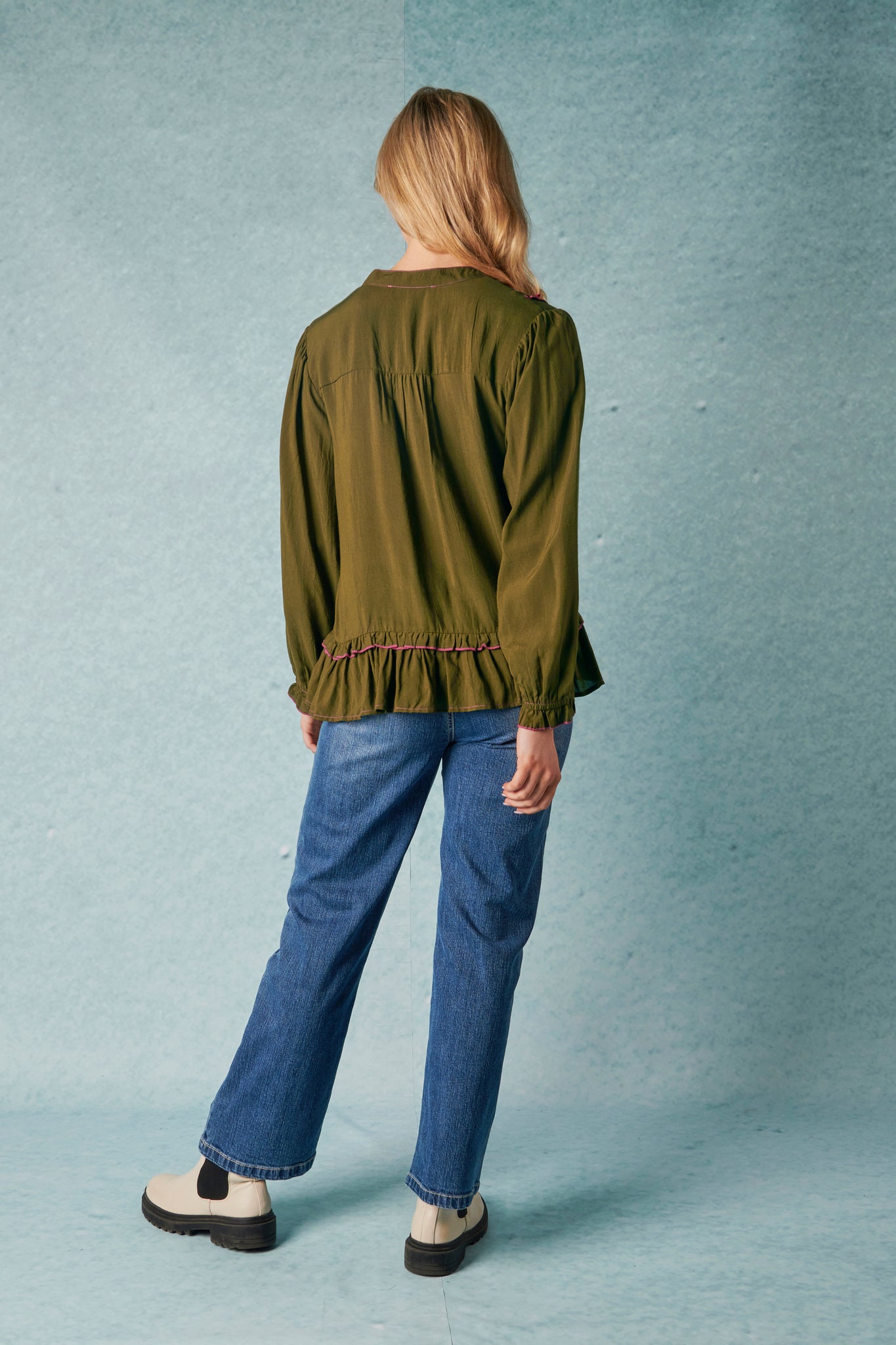 Ellis and Dewey Long Sleeve Pleat Front Blouse - Olive