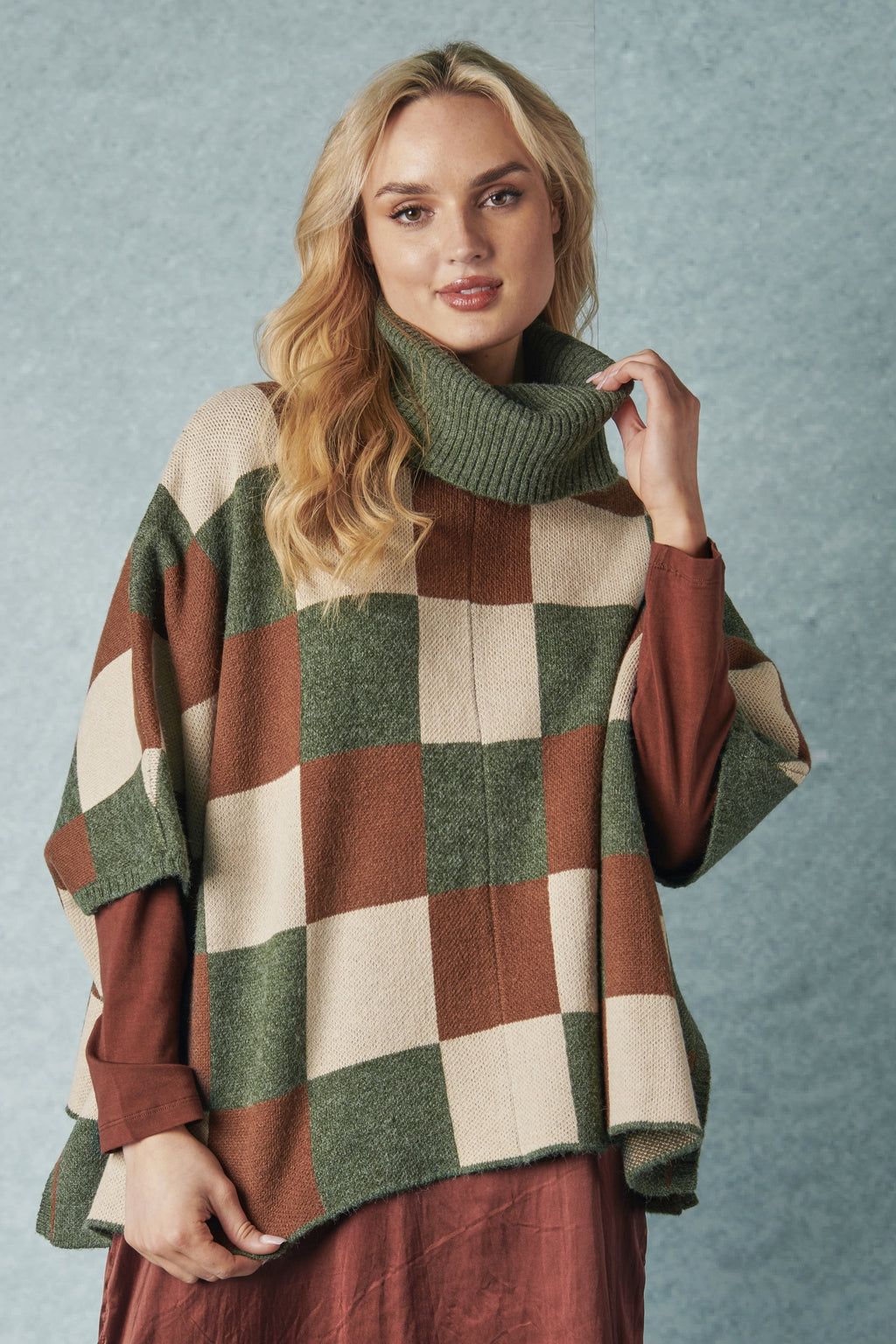 Ellis and Dewey Roll Neck Poncho - Forest Plaid