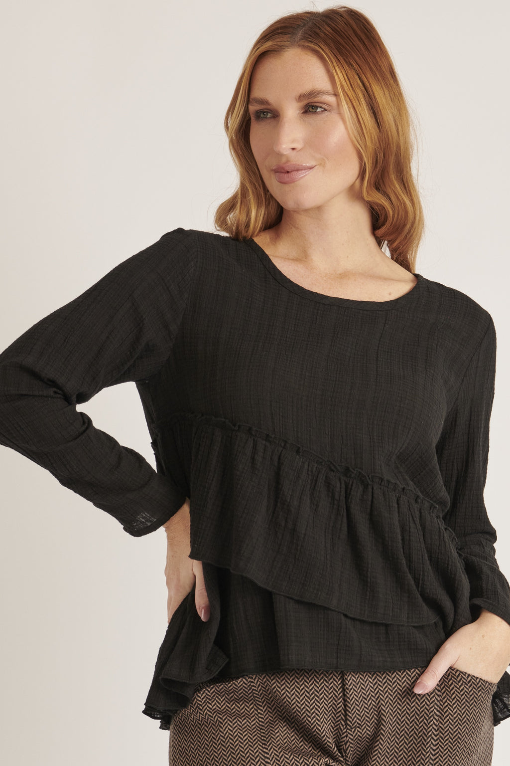 Ellis and Dewey Asymmetrical Frill Top - Black