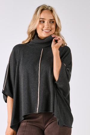 Ellis and Dewey Knit Roll Neck Poncho - Black Fleck