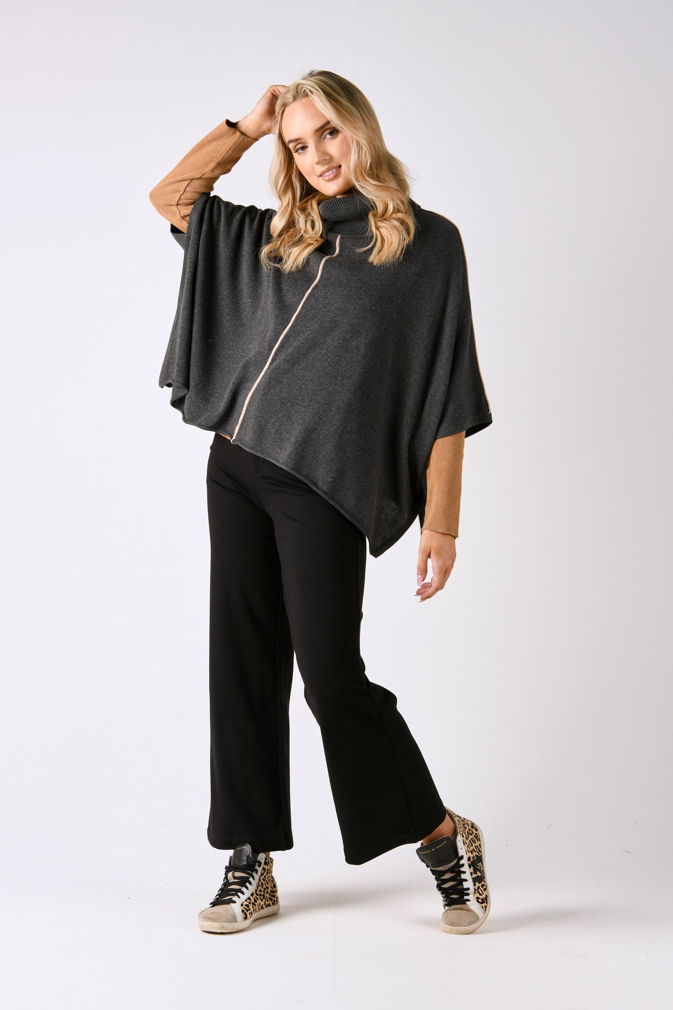 Ellis and Dewey Knit Roll Neck Poncho - Black Fleck