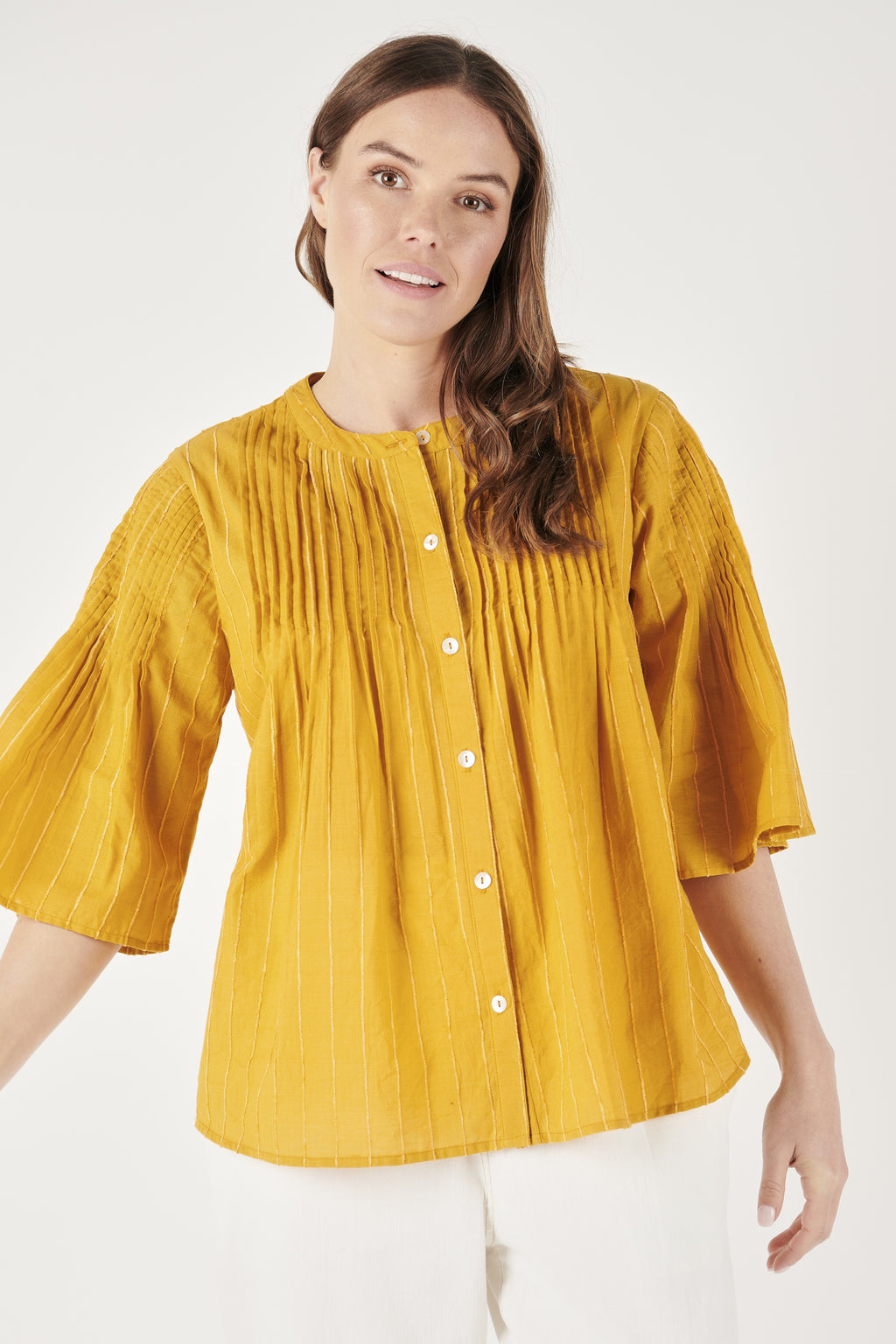 Ellis and Dewey Short Sleeve Pintuck Shirt - Ochre