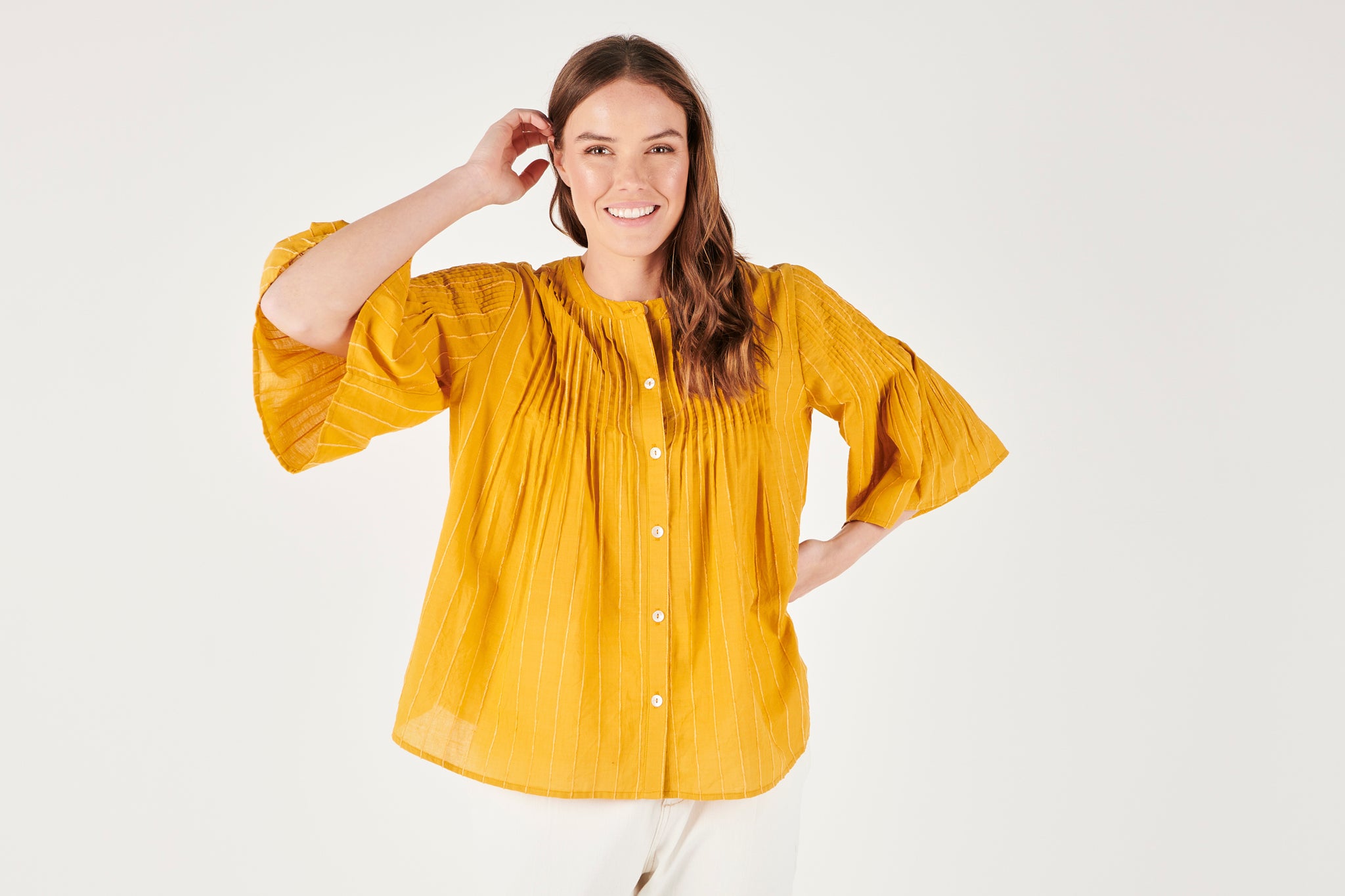 Ellis and Dewey Short Sleeve Pintuck Shirt - Ochre