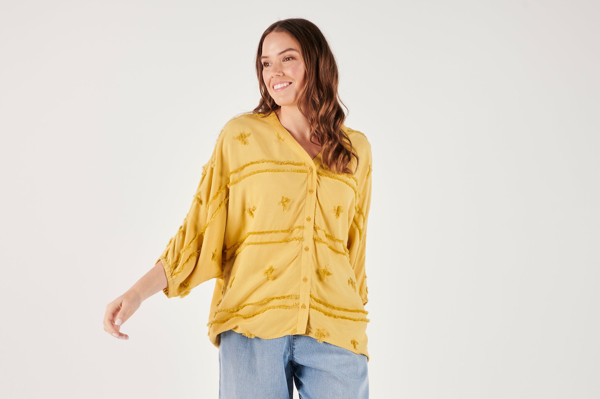 Ellis and Dewey Batwing Button Through Blouse - Olive