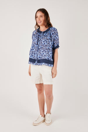 Ellis and Dewey Trim Detail Button Through Blouse - Blue Digital Floral