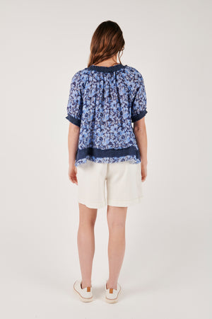 Ellis and Dewey Trim Detail Button Through Blouse - Blue Digital Floral