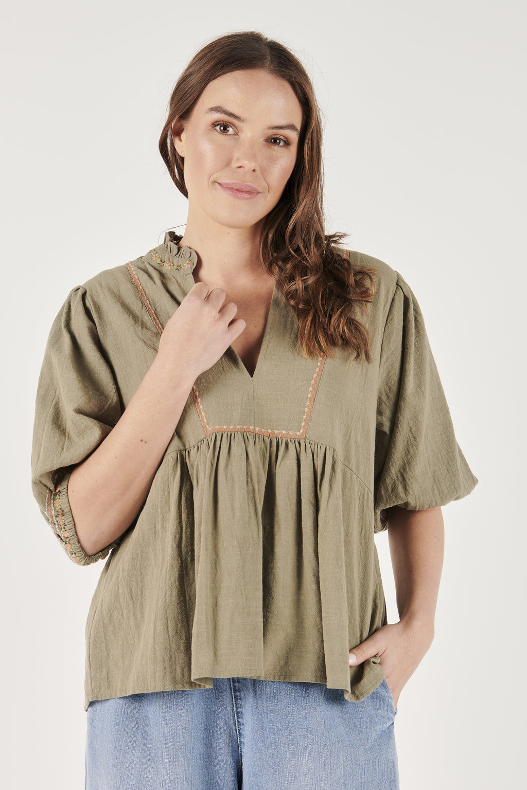 Ellis and Dewey Frill Collar Embroidered Shirt - Washed Khaki