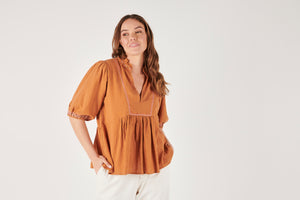 Ellis and Dewey Frill Collar Embroidered Shirt - Brown