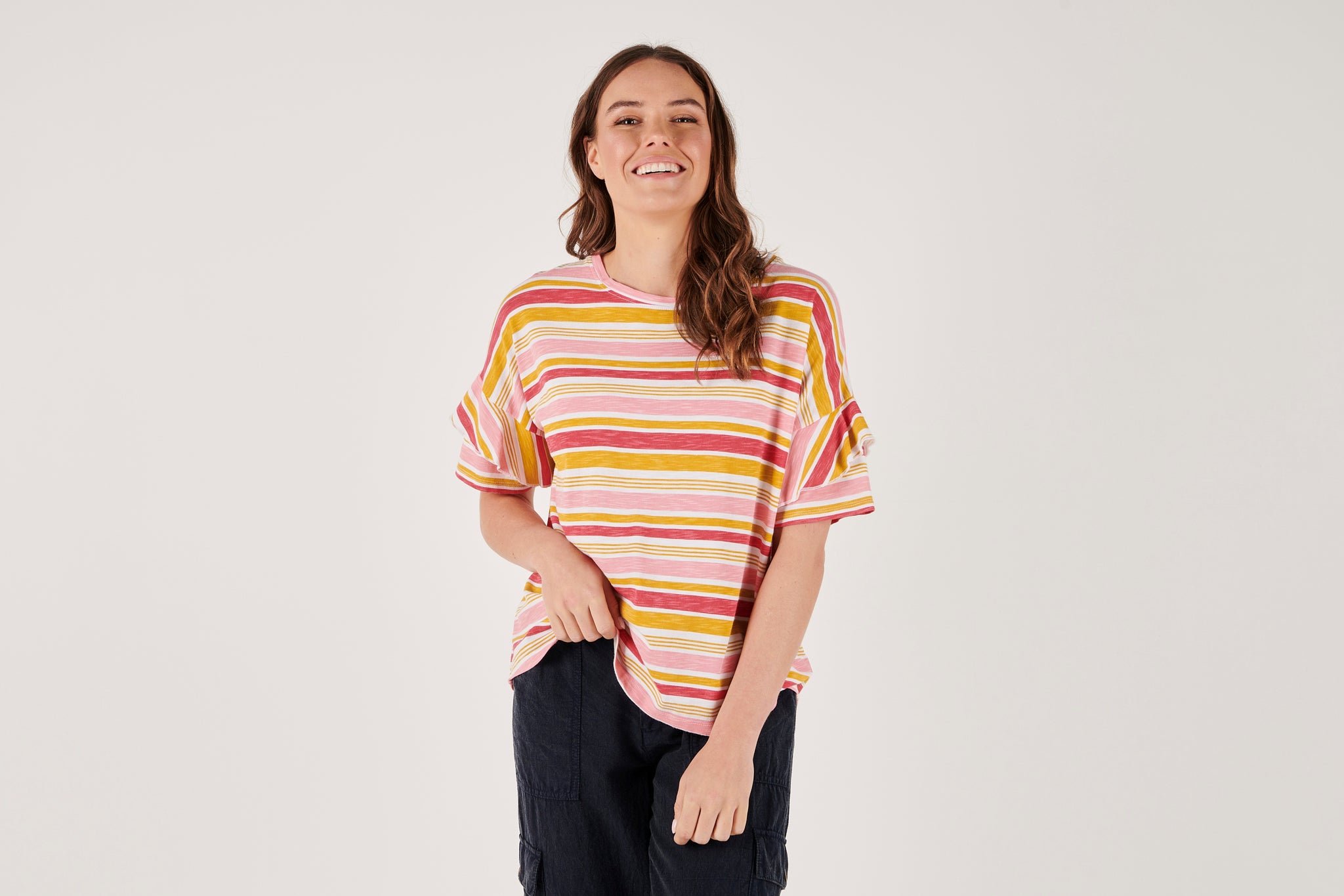 Ellis and Dewey Frill Sleeve Crew Tee - Cherry Ripe Stripe