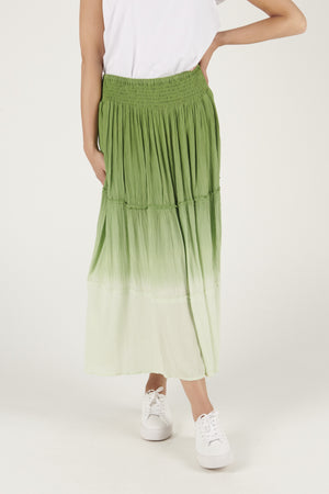 Ellis and Dewey Shirred Waist Tiered Maxi Skirt - Green Dip Dye