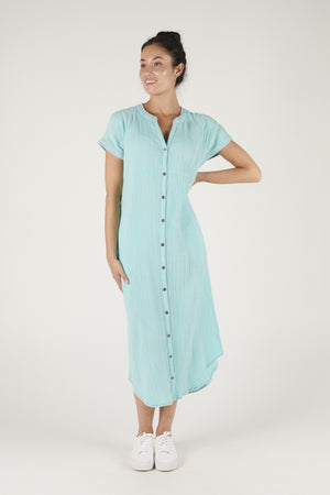 Ellis and Dewey Button Through Cap Sleeve Dress - Washed Aqua