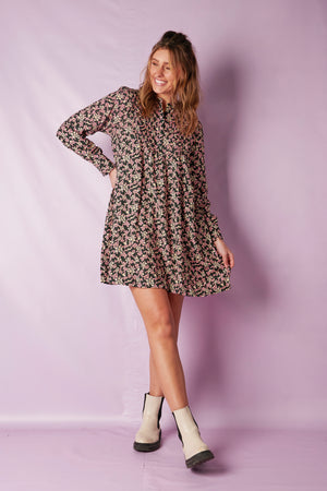 ALBTM Pintuck Yoke Dress - Deep Green Floral