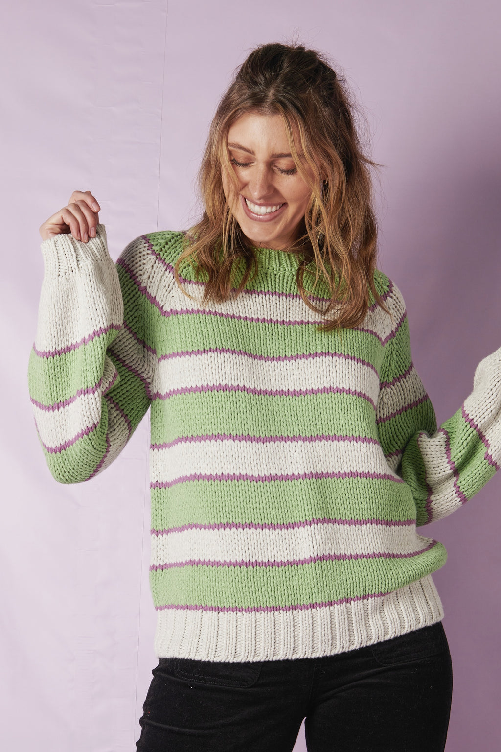 ALBTM Bell Sleeve Chunky Knit Sweater - Grape Stripe