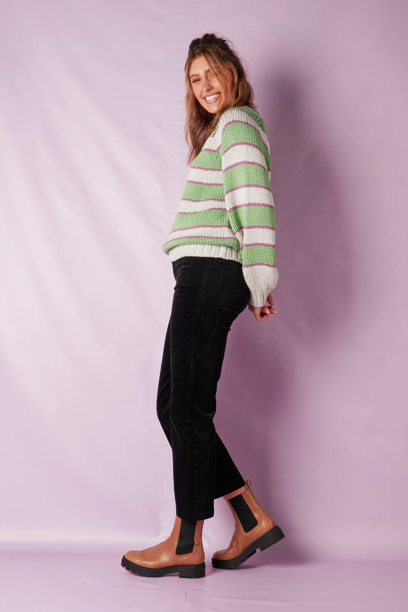 ALBTM Bell Sleeve Chunky Knit Sweater - Grape Stripe