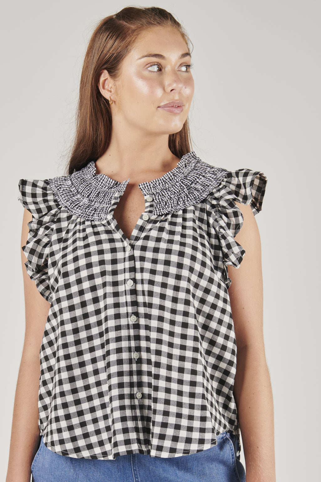 ALBTM Yoke Detail Ruffle Top - Black/White Check