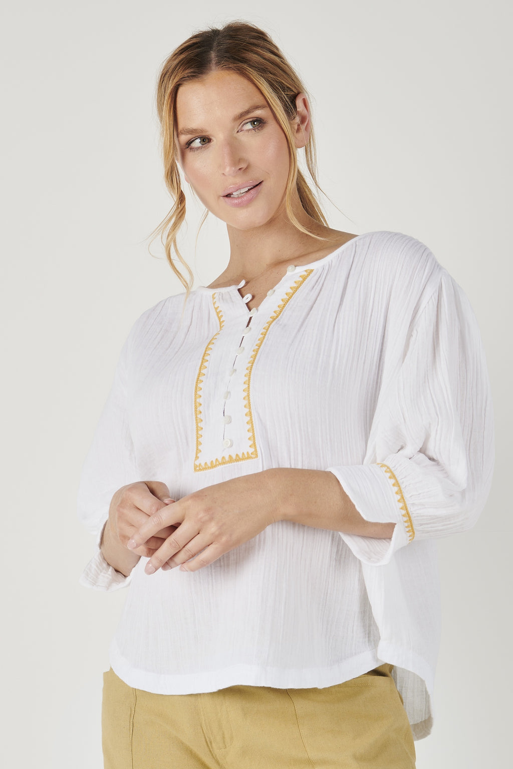 Alessi Contrast Stitch Bonded Cotton Top - White and Gold