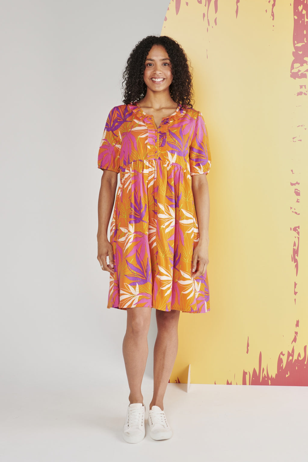 Torju Ruffle Detail Dress - Red Tropical Print
